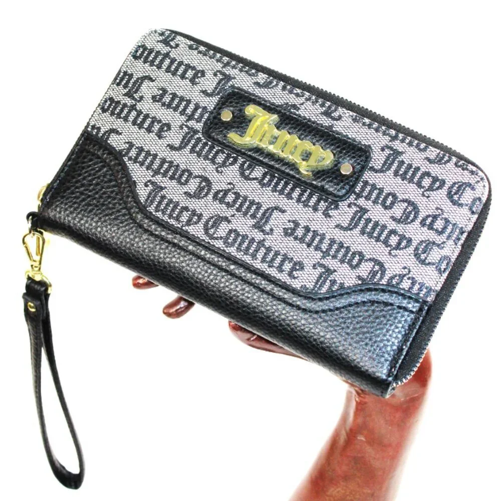 Juicy Couture Signature Monogram Zip-Around Wristlet Wallet Black & Gold Logo